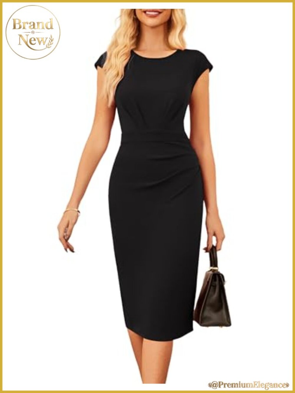 Cap Sleeve Bodycon Midi Work Business Office Dress Ruched Waist